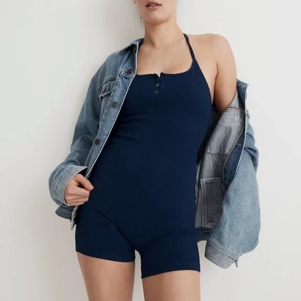 Madewell Seamless Halter Biker Unitard in Indigo Blue Size S/M